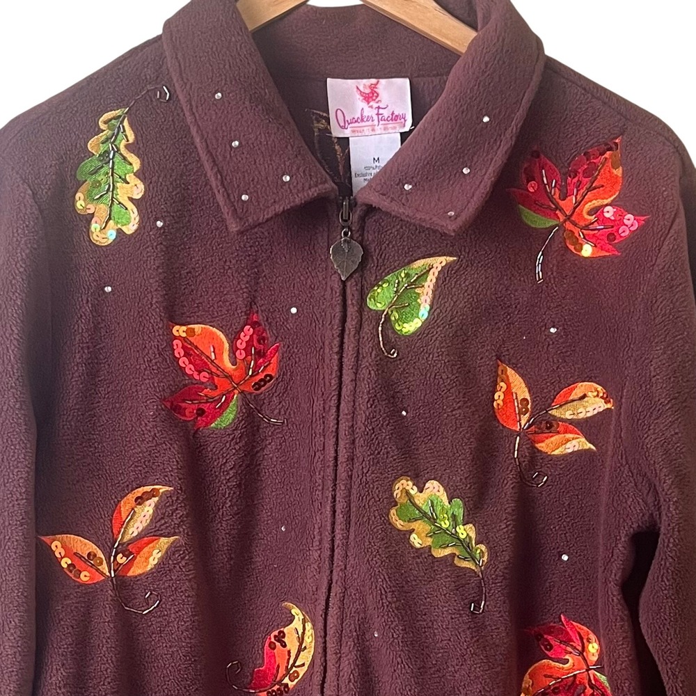 Quaker‎ Factory Rust Fleece Rhinestone Embellished Leaves Fall Zip Jacket Medium